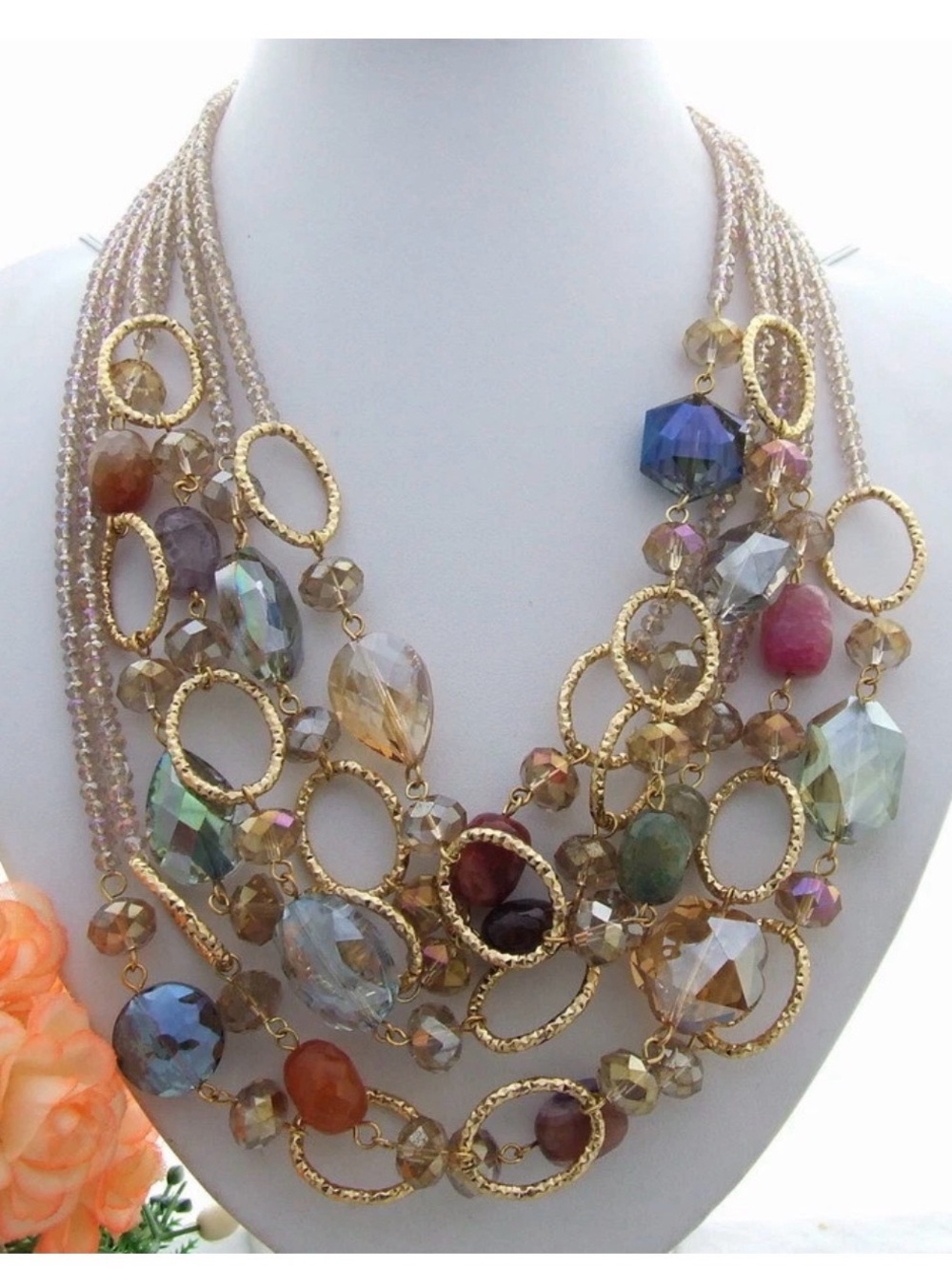 Lady jewelry 6 Strands Multi color Agate Crystal Necklace 20"